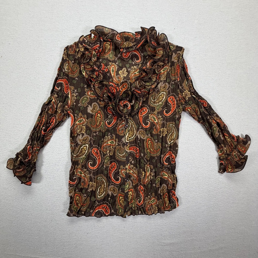 Piano Women Blouse Regular Brown Paisley Ruffle Button Up M